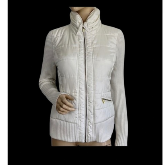 Cache knit puffy jacket sweater vest zip up pockets ruched collar cute - Picture 1 of 17